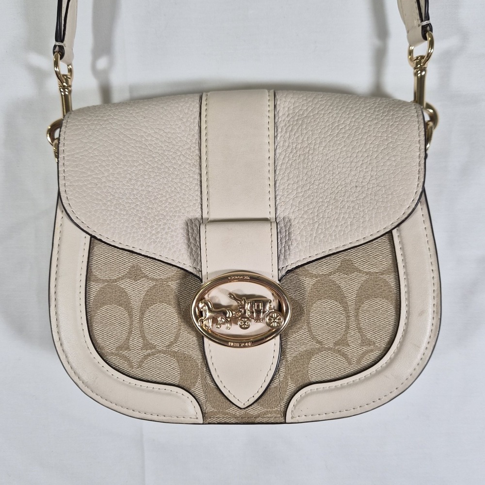 Coach Mini Saddle Crossbody Bag‎ Signature Canvas Beige Leather Horse Carriage